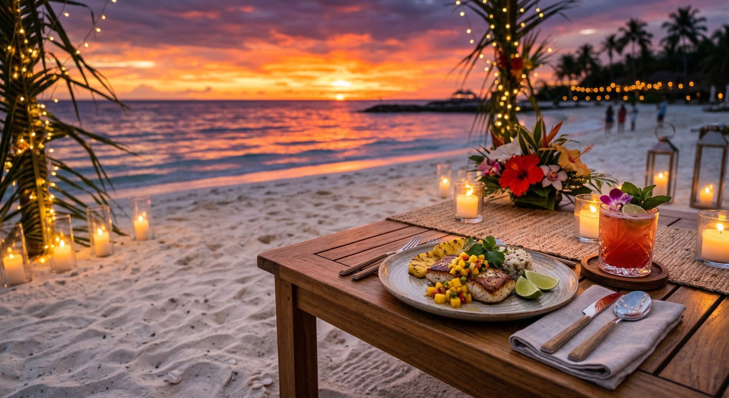 Mesa rústica na areia da praia em Jericoacoara com prato de frutos do mar, coquetel colorido e pôr do sol ao fundo