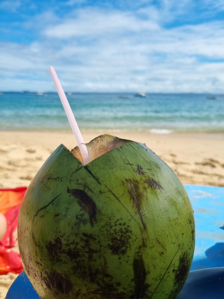 Coco verde com canudo na areia, com o mar ao fundo