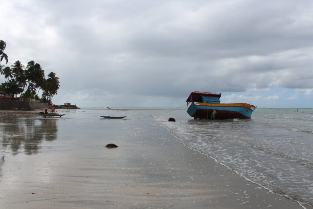 Barco de pesca colorido parado na areia molhada de Maragogi, com coqueiros ao fundo