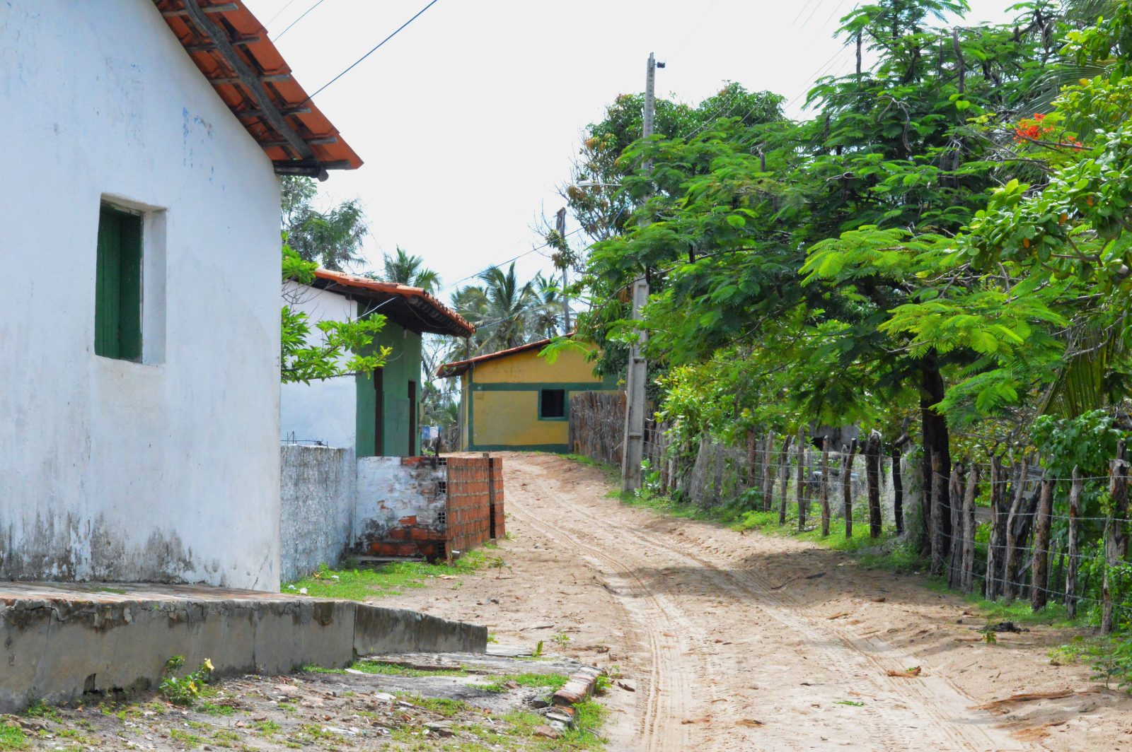 Rua de areia com casas simples na vila de Atins, Barreirinhas, Maranhão