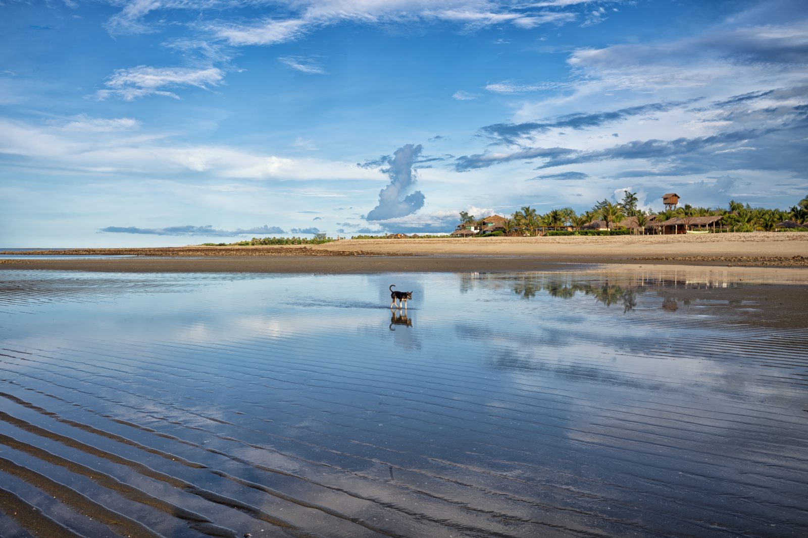Maré baixa em Barra Grande com o céu refletido na água rasa sobre a areia